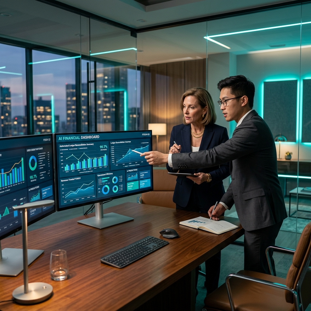 Financial analyst and CFO reviewing automated ledger charts